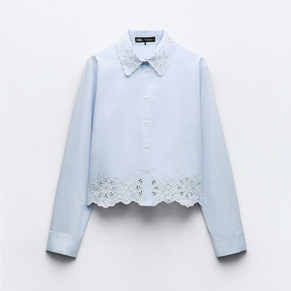 Zara Striped Blue white Blouse with Floral Lace Collar embroidry xsmall